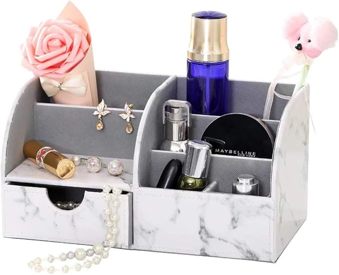 UnionBasic Desk Organizer, Multi-functional Leather Desktop Office Organizer, Pen Holder - Business Card/Pen/Pencil/Mobile Phone/Stationery Holder Storage Box, Marble White
