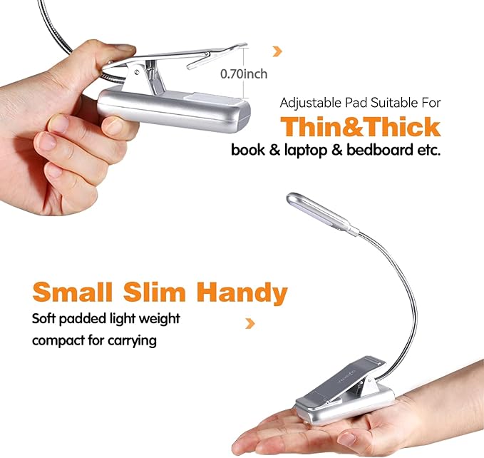 VAVOFO Rechargeable Book Light for Reading in Bed Kids, 7 LED Reading Light with 9-Level Warm Cool White Daylight, Eye Care Lamp with Power Indicator for Bookworms (Silver)
