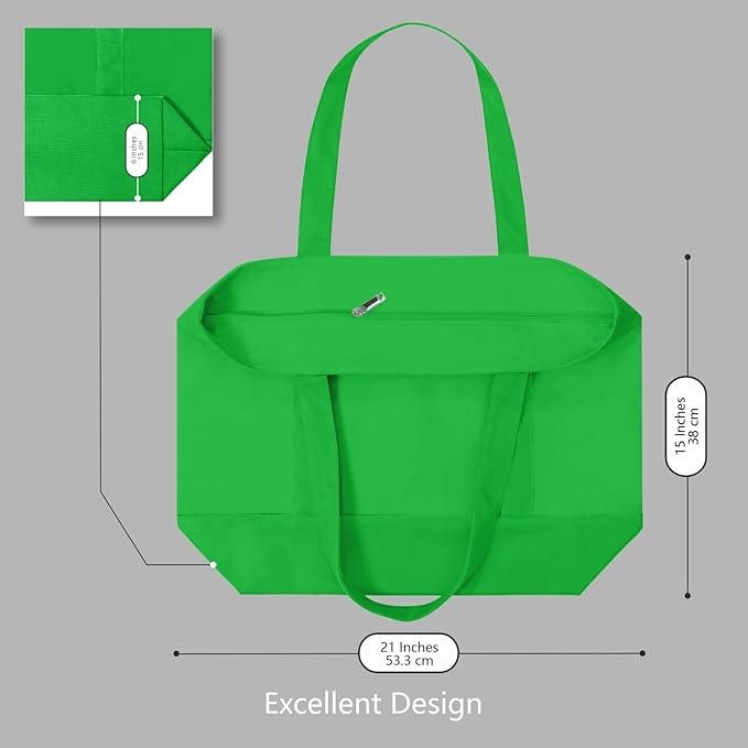 TOPDesign 3-Pack Canvas Tote Bags with an External Pocket, Reusable Grocery Shopping Bags, Top Zipper Closure, Daily Essentials (Lime Green)
