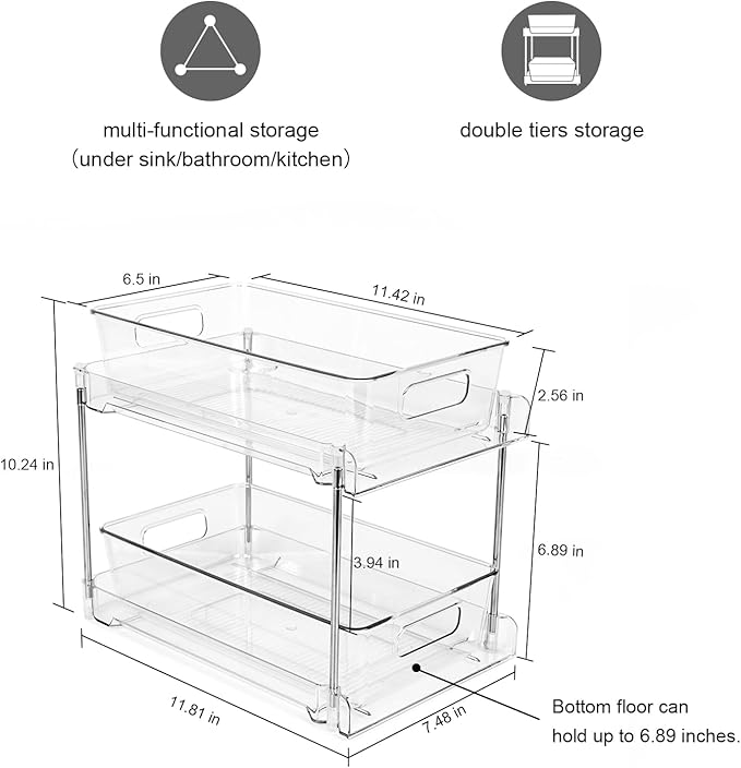 2 Pack Bathroom Organizers and Storage, 2-Tier Clear Under Sink Organizer, Vanity Countertop Organizer, Medicine Cabinet Organizer, Pull-Out Cabinet Organizer with Track For Bathroom, Kitchen, Pantry