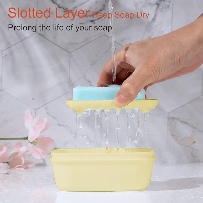Quatish Leakproof Soap Dish with Lid & Draining Layer, Shatterproof Travel Bar Soap Holder Case Container, Portable Travel Size Toiletries Essentials for Camping, Gym, Bathroom, Yellow