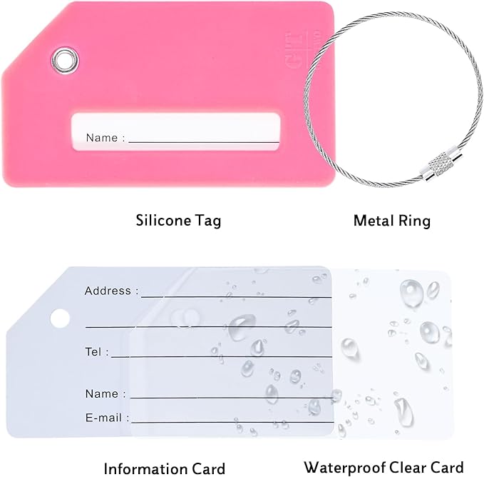 8 Pack Silicone Luggage Tag for Suitcases with Stainless Loop, TSA Approved, Privacy Protection Travel Essentials Bag Tags by Gostwo, Pink