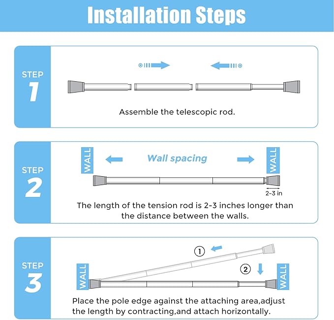 AIZESI Shower Curtain Rod 30-64 Inch Adjustable Curtain Rods Never Rust & Non-Slip, No Drilling, Short Shower Rods Spring Tension Curtain Rod for Window Bathroom Doorway Closet