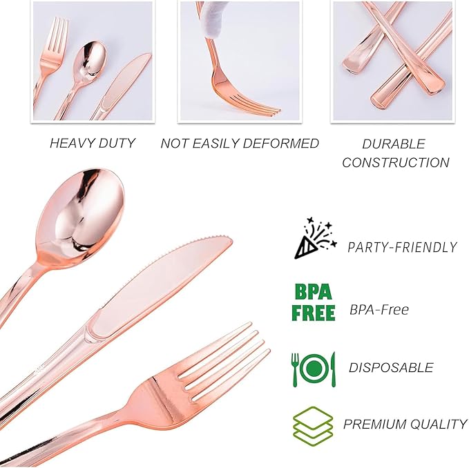 N9R 300PCS Rose Gold Plastic Silverware, Heavy Duty Plastic Cutlery Set, Disposable Rose Gold Utensils Include 100 Forks, 100 Spoons, 100 Knives, Perfect for Party Decorations