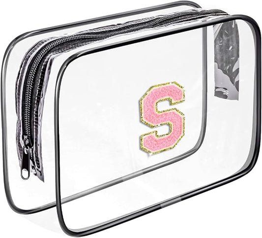 Clear Toiletry Bag,Portable Travel Toiletry Bag,Chenille Letter Cosmetic Bag with Zipper,Waterproof Makeup Bag,Cosmetic Storage Organizer for Women Men,Travel Essentials (Black,S)