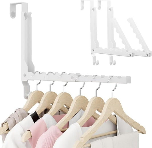 BAKON Over The Door Hangers, Over Door Hooks for Hanging, Small Space Dual Folding Portable Over Door Clothes Hanger for Clothes, Hats, Bags and Towels (2Pack, White (Updated))
