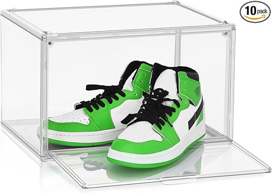 10 Pcs Acrylic Sneaker Shoe Display Case Size 14, Transparent Shoe Box Storage Bins Clear Plastic Stackable Boot Handbag Organizer Containers with Lids