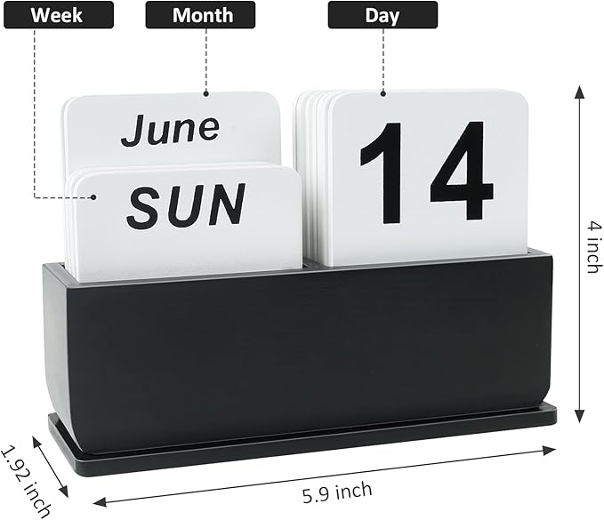 Wooden Block Perpetual Calendar for Desk, Daily Desktop Standing Flip Calendar with Large Display, Modern Farmhouse Aesthetic Desk Accessories for Home Office Decor, Reusable Yearly, Black