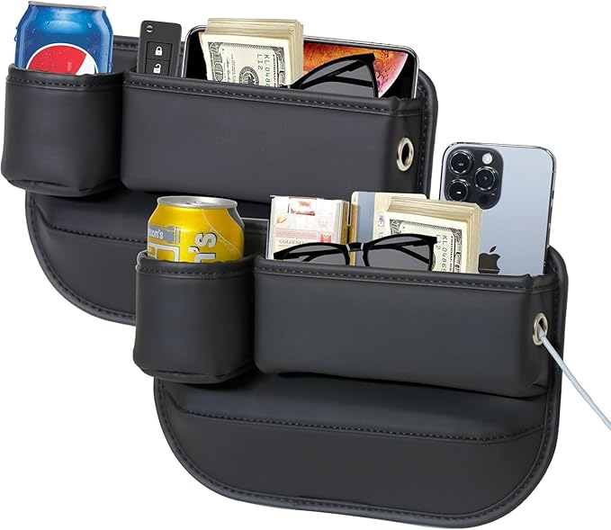 PLEW 2-Pack Black Obsidian Car Seat Gap Filler, Premium Leather Console Organizer Universal Fit for Car SUV Truck Multi-Purpose Essentials Organizer - Car Seat Gap Filler Organizer with Cup Holder
