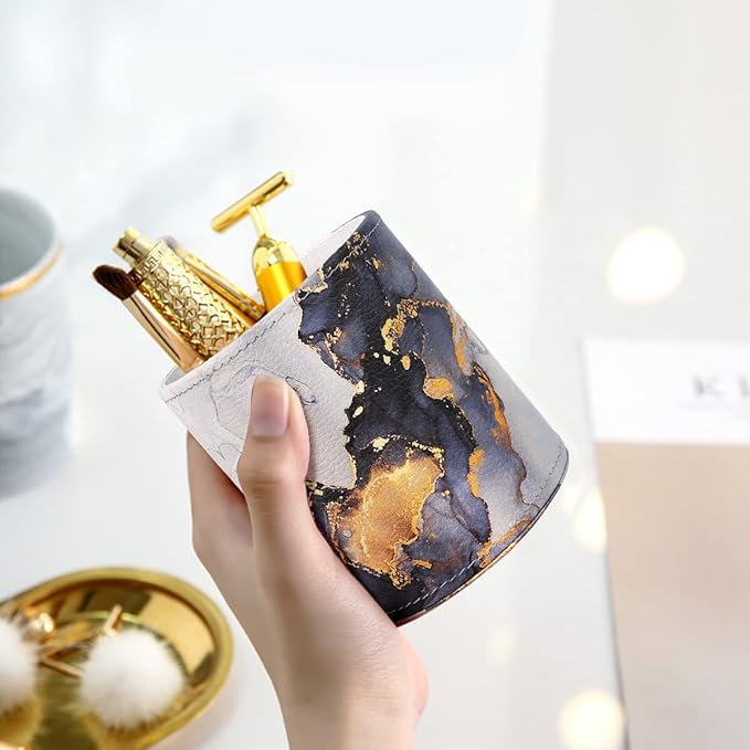 WAVEYU Marble Pen Holder for Desk, Pencil Organizer Office Decor, Makeup Brush Holder Large Pu Leather Multi-Functional Organizer Cup for Office, Classroom, Home, Gold Marble