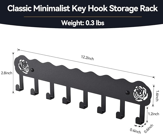 Key Holder Hooks Organizer Hanger Rack Wall Mounted with 8 Hooks, Adhesive Key Holder for Wall, No Drill Modern Key Holder Wall Mount, for Entryway, Kitchen, Hallway, RV Decor （Medium）