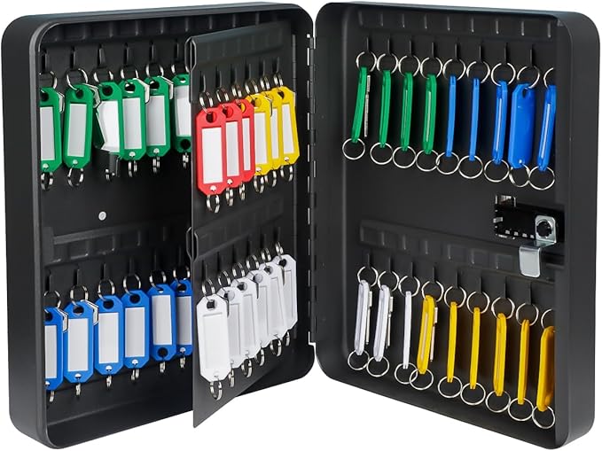 Uniclife 60 Position Key Cabinet with Combination Lock Resettable Black Digital Security Storage Box Steel Key Organizer with Colorful Large Key Tag Labels Stickers and Hooks