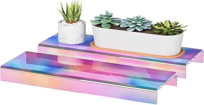 Acrylic Shelf Riser 12x3.9x1 pack of 2, Iridescent Display Shelf 12” for Shoes, Glasses, Plants, Home Decors, Perfume, 12x3.9x1 Inch