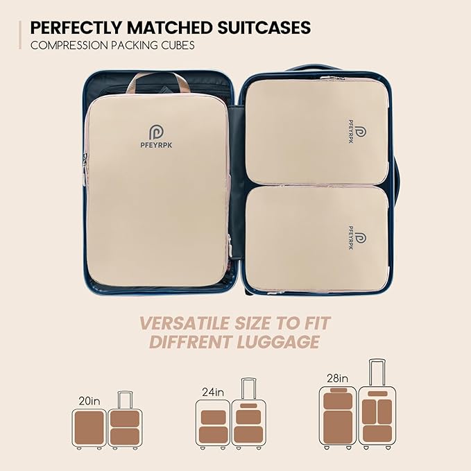 PFEYRPK Lightweight Compression Packing Cubes for Suitcases, Compressible Expandable Travel Packing Organizer with Clear Toiletry Bag and Backpack Bag, Travel Essentials for Carry-on Luggage, 7-Piece Set