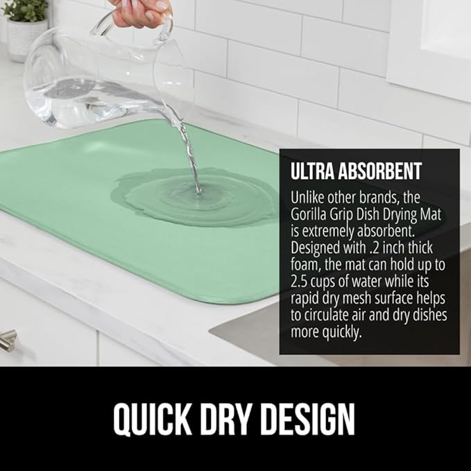 GORILLA GRIP Ultra Water Absorbent Microfiber Dish Drying Mat, 18x32, Quick Dry Thick Mesh, Slip Resistant Pad for Sink Dishes or Under Rack, Kitchen Counter Accessories, Machine Wash Mats, Mint