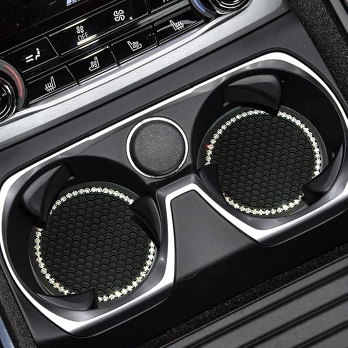 Car Coasters for Cup Holders, 2.75 Inch Auto Cup Holder Insert Coasters Silicone Anti-Slip Crystal Rhinestone Cute Drink Car Cup Mat, 4PCS Bling Car Accessories for Women & Lady (Black)