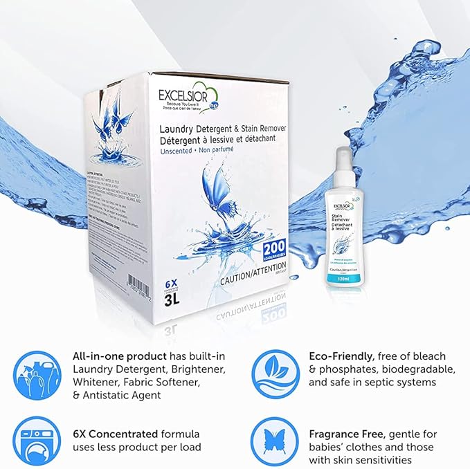 Excelsior Liquid Laundry Detergent Unscented HE Concentrated, 200 Loads 3 Liter, Enzyme Stain Remover, Front Load and Top Load Compatible