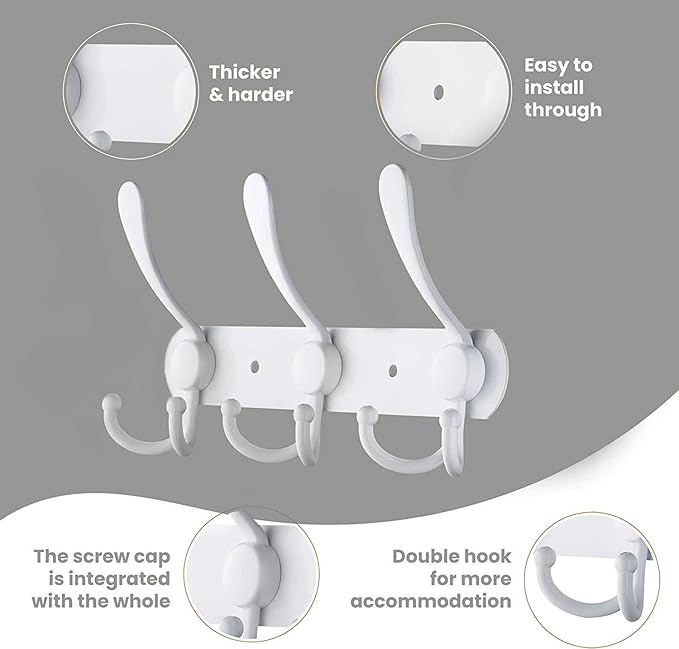 Coat Rack Wall Mounted,3 Tri Stainless Steel Coat Hook for Coat Hat Robes Towel in Mudroom Entryway (White, 1 Pack 3 Hook)