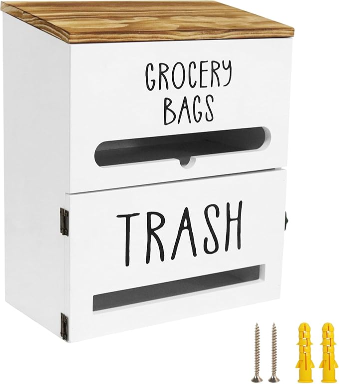 2-in-1 Trash Bag Dispenser, Double Wall Mounted, Wood Trash Bag Holder, for kitchen, garage, laundry room, can store eco-friendly food bags and garbage bags (White)