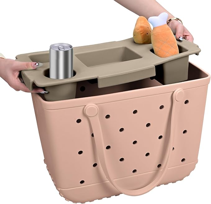 Tote Topper Tray Accessories for Bogg Bag Large Only – Waterproof EVA Table Top Organizer Lid with Cup Holder, Snack, Phone & Drink Holders for Beach, Pool, Picnic, Travel (Khaki)