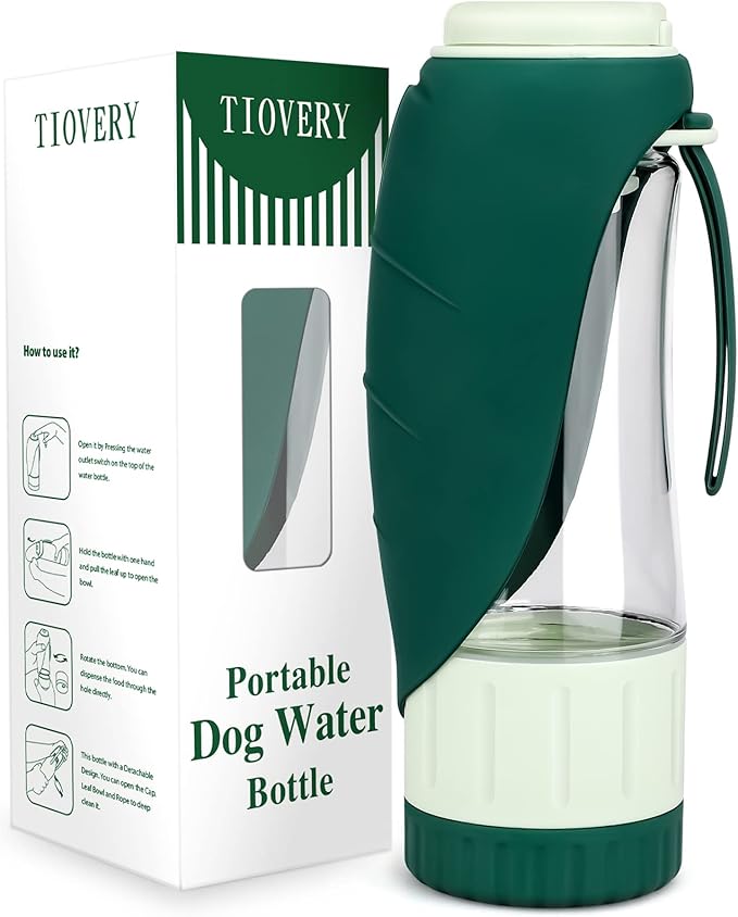 Upgraded Dog Water Bottle, Portable Dog Cat Puppy Pet Water Dispenser Feeder with Drinking Cup and Food Container Leak Proof for Outdoor Walking, Travel, Hiking 12OZ