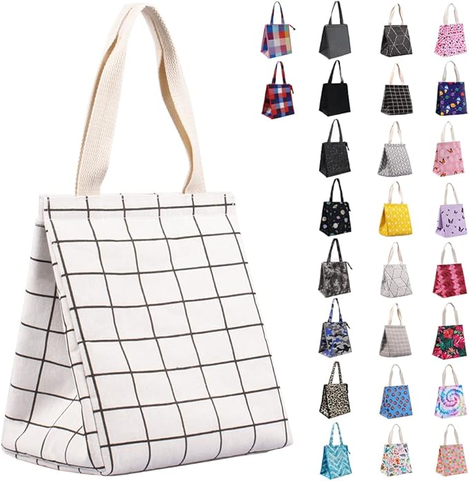 iknoe Insulated Lunch Bag for Women & Adults, 9L Foldable Wide-Open Cooler Bag with Pockets, Leakproof & Portable, for Picnic, Office, Beach (White Grid)