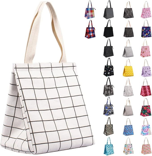 iknoe Insulated Lunch Bag for Women & Adults, 9L Foldable Wide-Open Cooler Bag with Pockets, Leakproof & Portable, for Picnic, Office, Beach (White Grid)