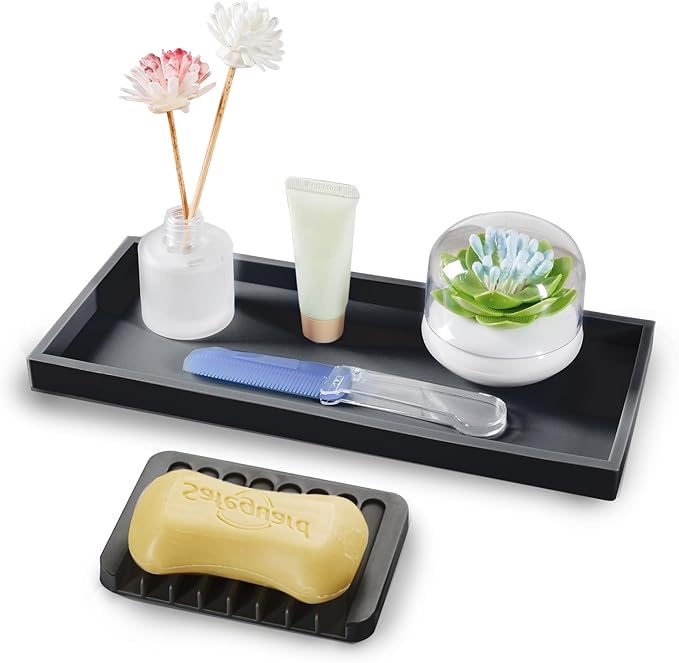Bloss Small Bathroom Vanity Tray with Soap Dish, 8 x 4 inch Silicone Kitchen Soap Tray,Bathroom Counter Trays Organizer for Candle Perfume Jewelry Key, Black