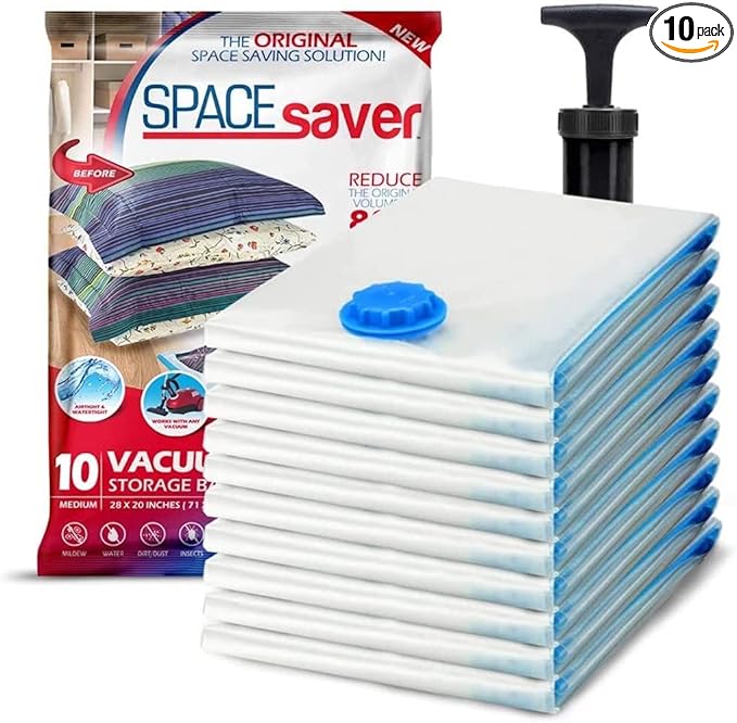 10 Pack Medium Vacuum Storage Bags for Comforters, Blankets & Clothes – Vacuum Sealed Compression Bags with Hand Pump – Space Saver Storage Bags for Bedding, Moving, Travel & Organization