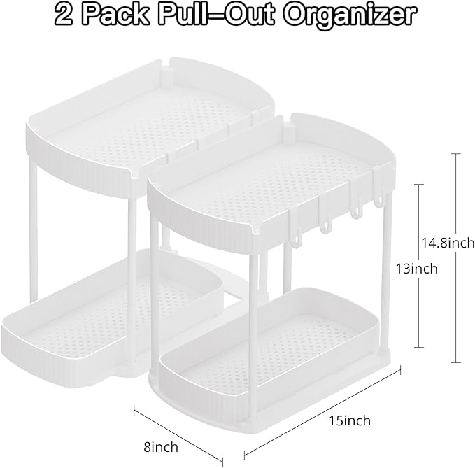 2 Pack Multi-Purpose Pull-Out Storage Organizers, Under Sink Organizers and Storage for Bathroom & Kitchen, Under Cabinet Organizers and storage, 14.8 Inch, White