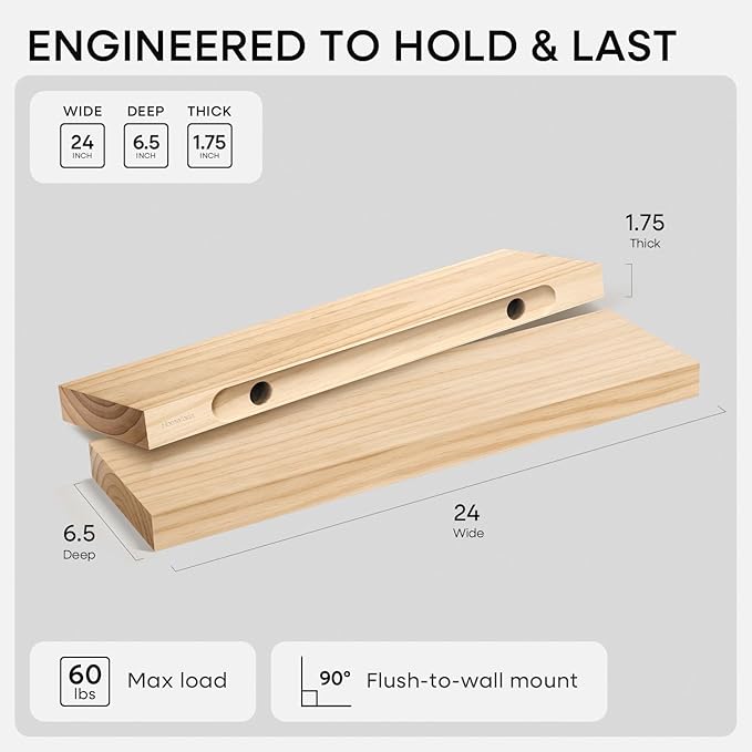 Homeforia 24 inch Natural Floating Shelf, High-End Solid Real Wood 24-inch Small Floating Shelves for Wall Mounted, Natural Wooden Floating Shelves, Heavy Duty Bracket, 24 X 6.5 X 1.75 in, Set of 4