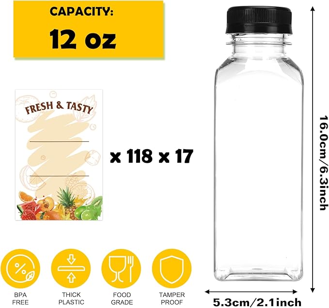 BAKHUK BAKHUK2006pcs 12oz Empty Plastic Juice Bottles with Caps, Plastic Water Bottles with lids, Reusable Clear Bulk Beverage Containers for Juice, Milk and Other Beverages