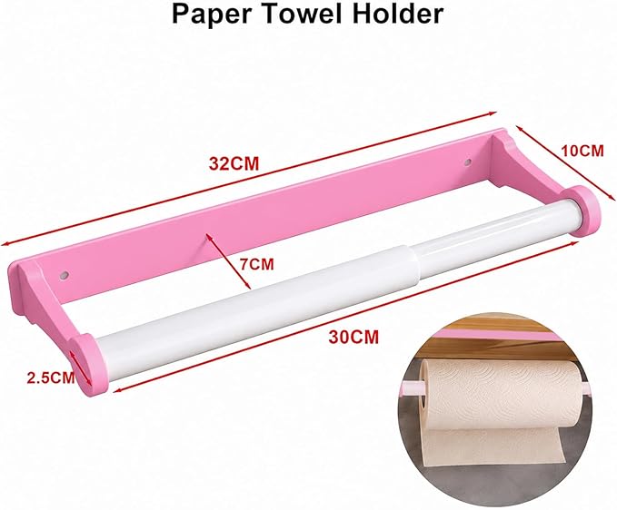 MONEER Kitchen Roll Holder Under Cabinet, Paper Towel Holder, Aluminum Alloy Kitchen Towel Holders, Self Adhesive Kitchen Roll Holder for Kitchen, Bathroom, Living Room (Pink)