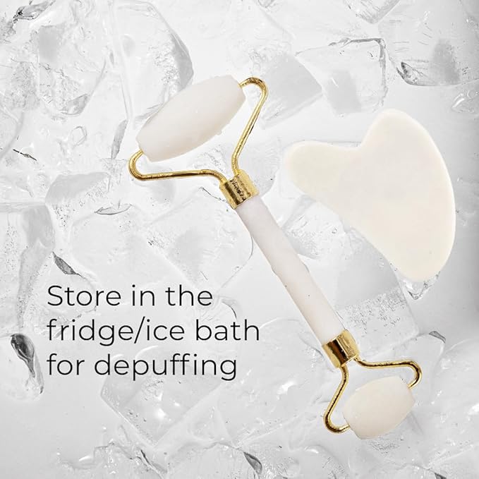 Gua Sha Facial Tools & Jade Roller for Face, Eye & Neck Skin Care, 100% Natural Jade Stone Face Roller Gua Sha Massage Tool, Eye Roller for Puffy Eyes, Facial Self Care Kit for Women (White)