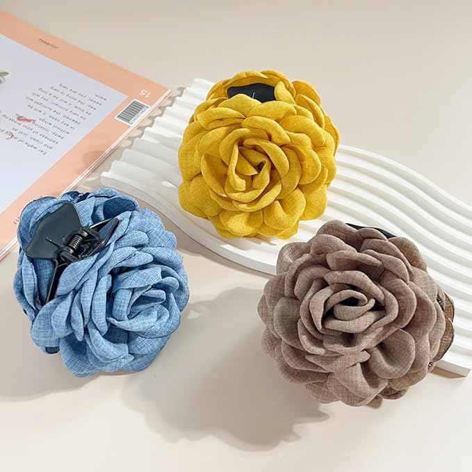 4pcs Handmade Fabric Rose Flower Hair Claw Clip for Women Girls, 3.94" Large Boho Hawaiian Floral Hairpins Barrettes for Thick Thin Hair Styling Accessories (Yellow Brown)