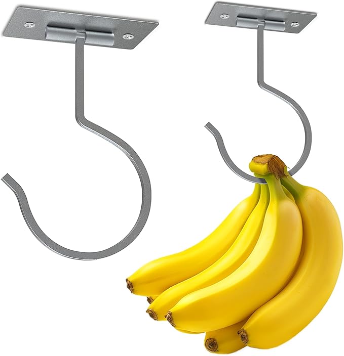 2PCS Self Adhesive Banana Hook Under Cabinet Foldable Banana Hanger Metal Under Counter Banana Hook to Keep Bananas Fresh Banana Holder for Kitchen RV Space Saving, Silver