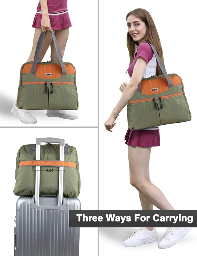GOX Large Foldable Travel Duffel Bag Packable Tote Bag Carry on Luggage Weekender Overnight Bag Lightweight (Green&Orange)
