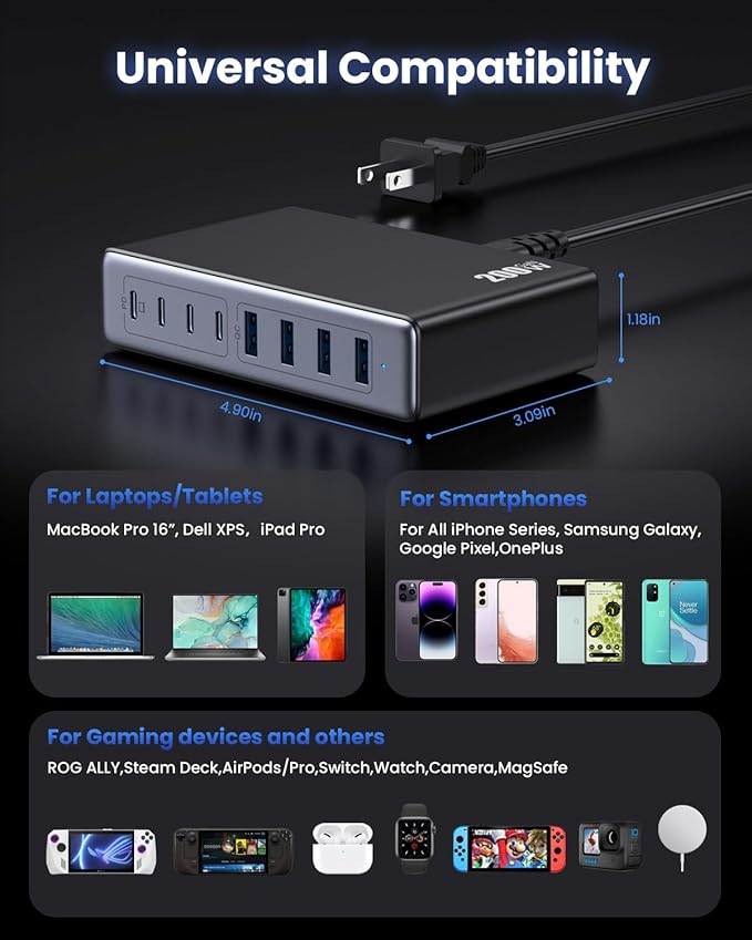 200W USB C Charger Block, GaN IV Charging Station 8 Ports, QC4.0 Fast Charging Station Hub + PD 65W USB C Laptop Charger Adapter Compatible with MacBook Air/Pro, DELL, iPhone 17/16/15, iPad, Steam Deck - Black