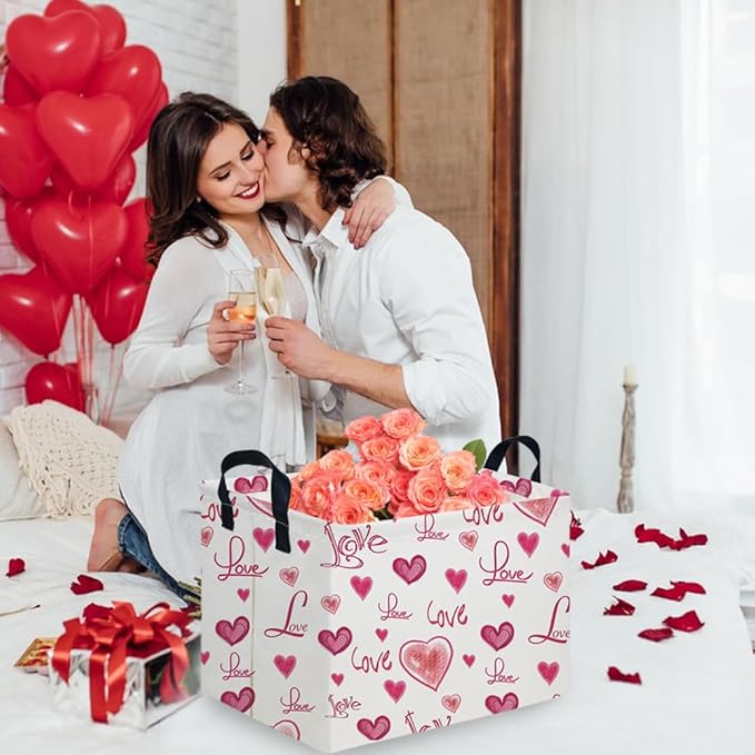 Rectangular Pink Valentine's Day Gift Basket,nursery basket,Pink girls gift baskets,kids toy storage Bin, Love Heart Room Decor for Home,Shelf Baskets(Beautiful love)