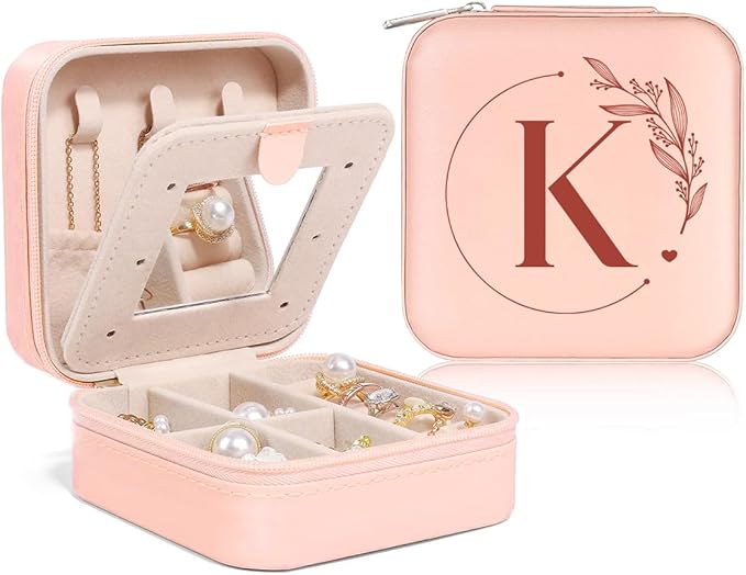 SANDJEST Personalized Jewelry Box, Pink Small Travel Jewelry Box with Initial K, Monogrammed Jewelry Case Organizer for Girls Women Teen, Mini Travel Essentials Gifts for Christmas Birthday