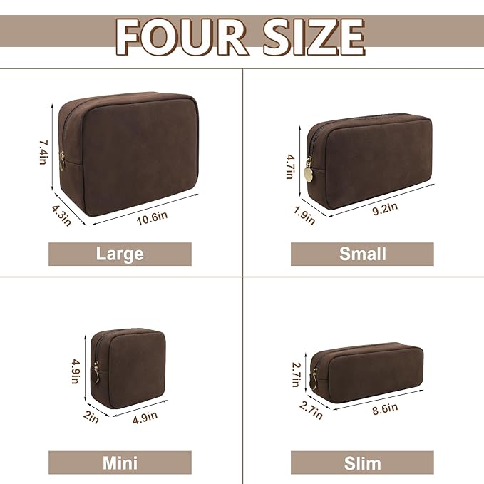 Waterproof Small Makeup Bag for Purse,Cute Pouch Preppy Suede Makeup Brush Holder with Zipper,Girls Teens Portable Storage Case Small Travel Toiletry Bag for Office(Slim-Coffee)