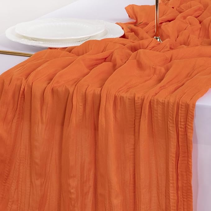Socomi 10pcs Orange Summer Cheesecloth Table Runner Boho Rustic Gauze 120 inch 10FT Cheese Cloth Sheer Runner for Wedding Party Baby Shower Birthday Home Decor Holiday Decorations