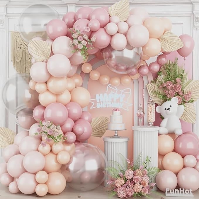 Pink Balloon Arch Kit,Pink White Balloon Arch Garland Kit,120 Pcs Sand White Balloons with 18/12/5 Inch Different Sizes for Bridal Wedding Boho Gender Reveal Baby Shower Birthday Decorations