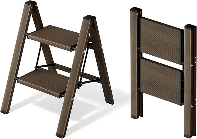 2 Step Ladder, Aluminum Folding Step Stool for Adults, Step Ladder with Wide Anti-Slip Pedal, 330 lbs Capacity for Home, Office, Kitchen, Library (Walnut)