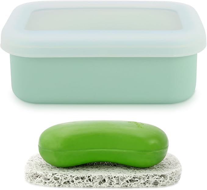 Travel Soap Case, Leak Proof Travel Soap Container, Silicone Soap Box with Drainage Layer, Shatterproof Soap Holder for Travel, Camping, Gym (Green, Regular)