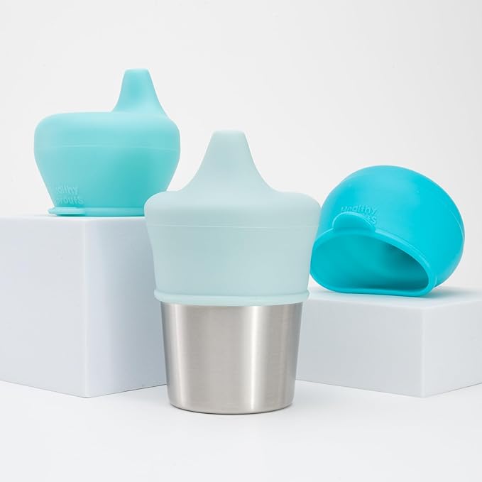 Silicone Sippy Cup Lids - Spill Proof, Fits Any Cup, BPA-Free, Durable & Soft for Babies & Toddlers, Quick to Attach - 3 Pack Silicone Lids for Cups (Steel Blue, Pool, Ice Blue)