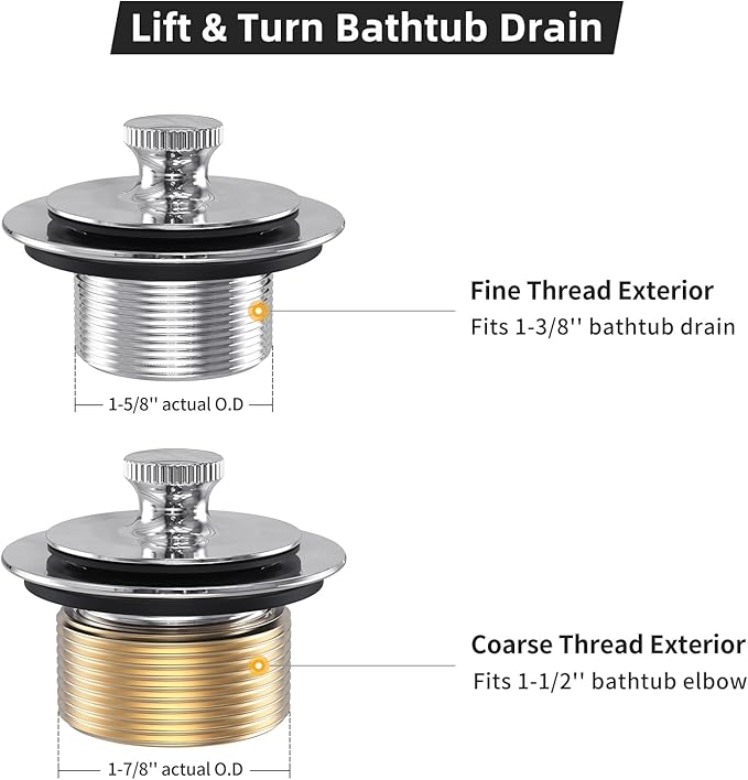 All Metal Lift & Turn Bathtub Drain Kit with Two-Hole Overflow Faceplate, Replacement Bath Tub Drain Trim Set Fine/Coarse Thread Conversion Kit Assembly, Tub Drains and Overflow -Chrome Plated