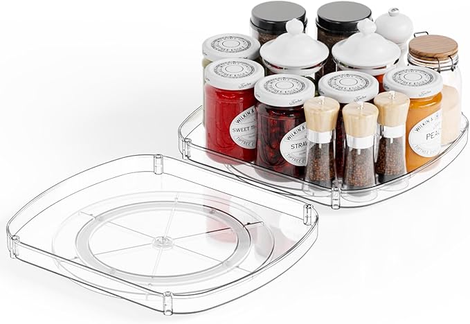 Yieach 2 Pack Large Rectangle Lazy Susan Turntable for Cabinet,Countertop - 12″x10″ Square Refrigerator Lazy Susan Tray,Spice Tray and Turntable Organizer for Fridge,Pantry,Kitchen Seasoning Organizer