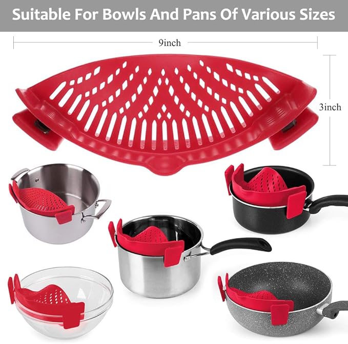YEVIOR Clip on Strainer for Pots Pan Pasta,Silicone Food Strainer Hands-Free Pan Strainer, Clip-on Kitchen Food Strainer for Spaghetti, Pasta, Ground Beef Fits All Bowls and Pots (Red)