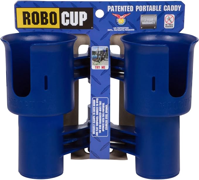ROBOCUP, (Navy), Patented Boat Cup Holder, Clamp on Portable Storage Caddy Securely Holds 2 Drinks, Fishing Poles, Tools, Marine Gear | Perfect for Boating, Beach Umbrellas, Golf Carts